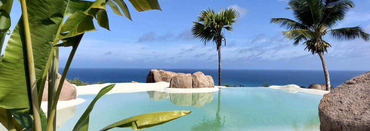 Piscine avec vue sur la mer aux Seychelles